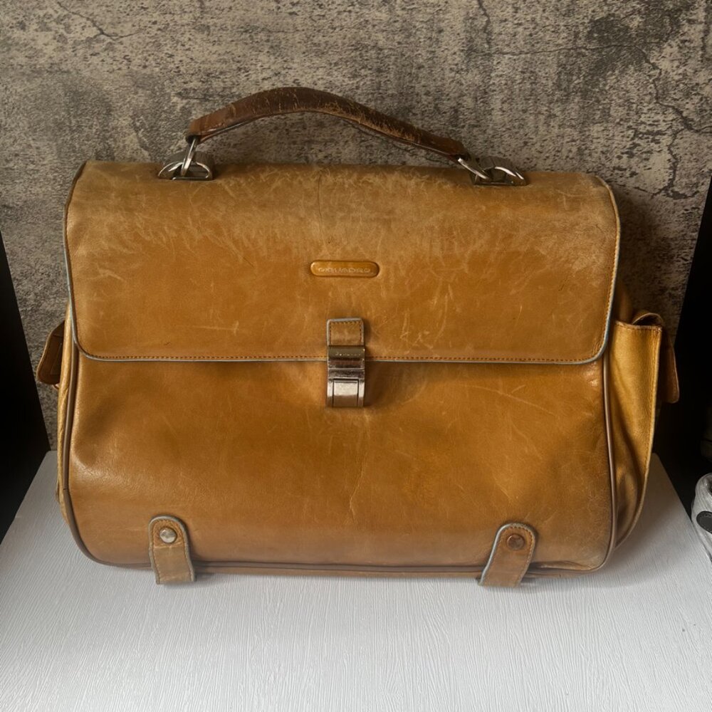 Piquadro  Leather  Blue Square  Computer Briefcase  Flapover  Tote  Travel  Tan